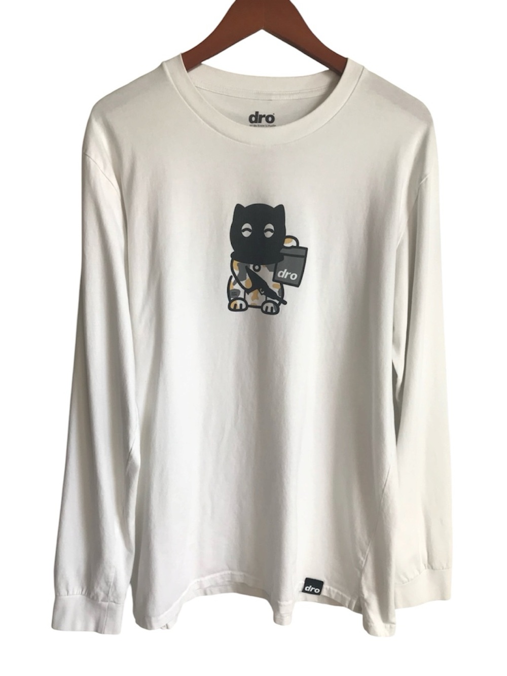 dro Men’s XL White Casual Long Sleeve Graphic Cartoon Hood Cat Tee in EUC